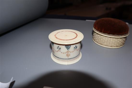 Six 19th / early 20th century ivory drum shaped sewing boxes and three other small boxes,